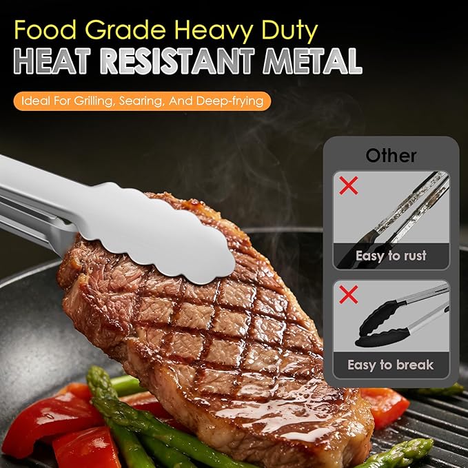 Metal Tongs for Cooking, Heat Resistant 600 Degrees Stainless Steel Kitchen Tongs with Silicone Handle, Locking Tongs for BBQ, Grilling, Serving, Salad, Dishwasher, Set of 3(7", 9" and 12")