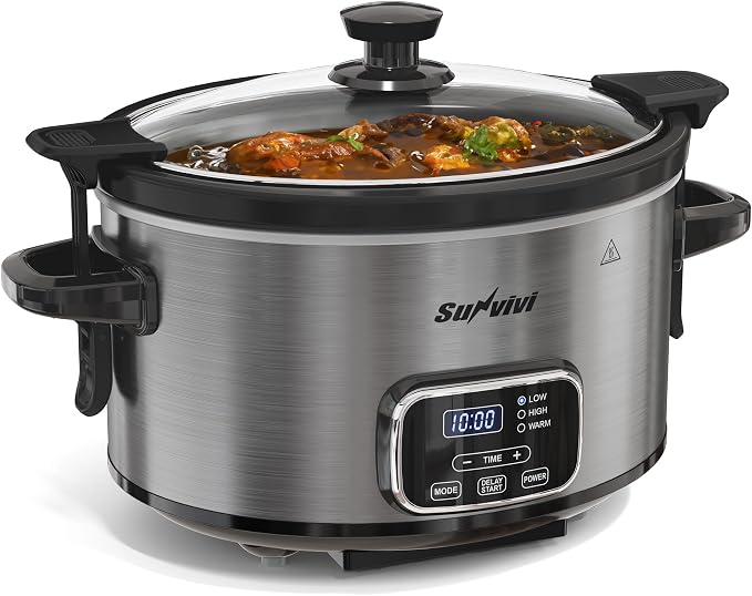 4QT Slow Cooker, Programmable Pot with Removable Ceramic Pot, Locking Lid, 3 Heating Settings & Time Control,Dishwasher-safe Lid & Pot, Grey
