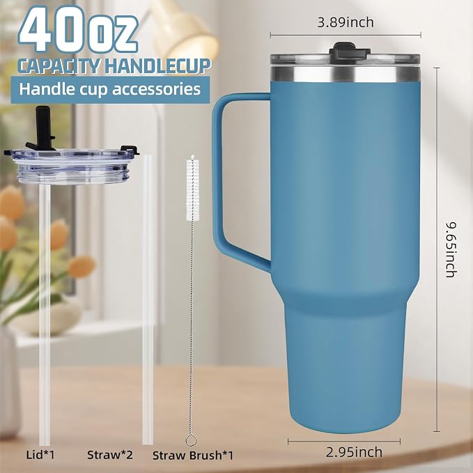 40 oz Tumbler with Handle and Flip Straw, 100% Leakproof Insulated Tumbler with Lid and Straw, Stainless Steel Travel Coffee Mug, Insulated Coffee Thermal Cup for Cold and Hot (Maya Blue)