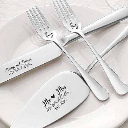 Wedding Cake Knife and Server Set, 4 Pack Stainless Steel Cake Cutting Knife, Slicer and Forks Server for Wedding, Anniversary, Birthday(Silvery)