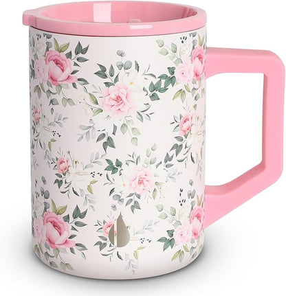 Elemental Insulated Coffee Mug - Triple-Wall Stainless Steel Summit Travel Cup for Hot and Cold Drinks - Thermal Coffee Mug with Lid and Handle for Camping, Office & Travel 16oz - Rose Garden