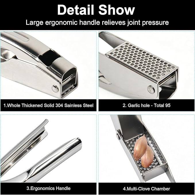 Garlic Press Stainless Steel, Garlic Mincer & Crusher with Peeler Tube and Cleaning Brush, Large Capacity Ergonomic Handle, No Need to Peel, Dishwasher Safe Garlic Press with Built-in Bottle Opener