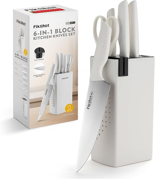 Knife Set, FIKSHOT 6-Piece Kitchen Knife Block Set with & Built-In Sharpener, Dishwasher Safe High Carbon Stainless Steel Blades, Rust-Resistant – Ideal Housewarming Gift
