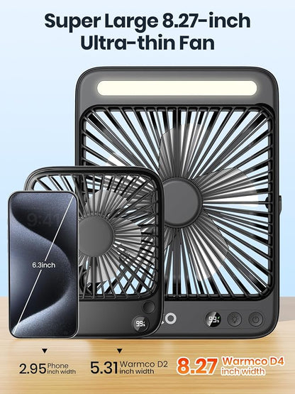 Warmco 20000mAh Battery Powered Fan, Ultra-Slim 8-Inch Portable Camping Fan with LED Lantern, Up to 48H Runtime Rechargeable Desk Fan for Bedroom, Outdoor, Tent, Travel, Cruise Ship Essentials