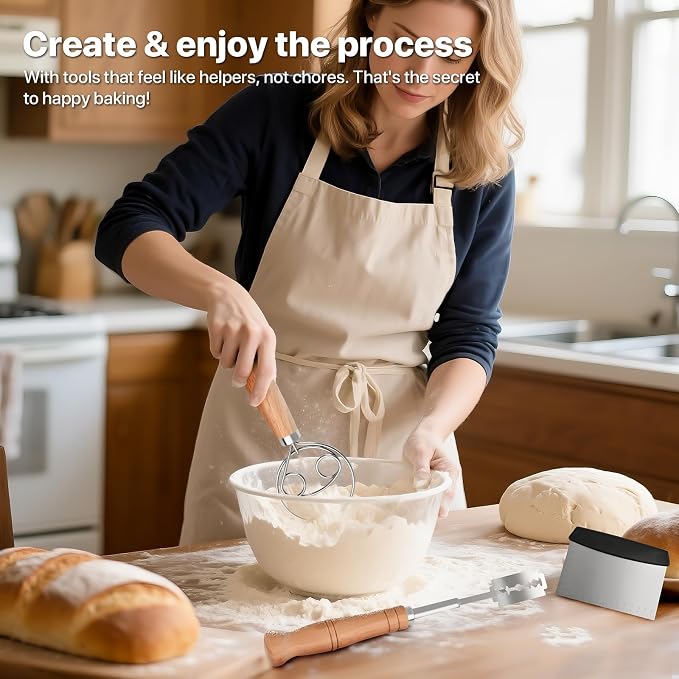 Sourdough Tool Kit, Danish Dough Whisk, Scraper, Lame with Scoring Blades, Wooden Bread Whisk with Metal Hook, Dutch Whisk Stirrer & Wisk Mixer, Baking Set for Making Mixing Whisking Sour Dough.