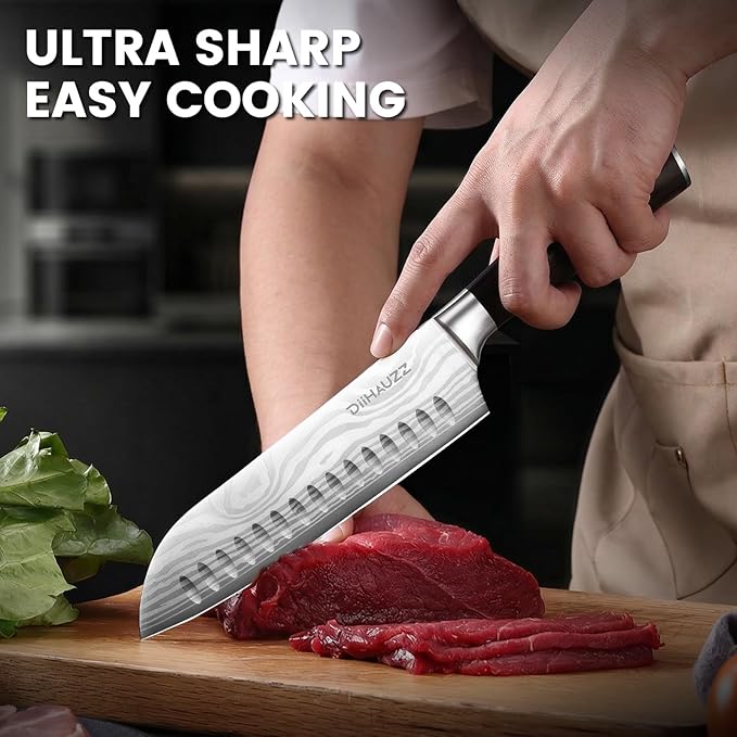 DiiHAUZZ Santoku Knife 7 Inch, Japanese Chef Knife with Ultra Sharp Hollow Edge, High Carbon Steel Forged Professional Kitchen Knives with Ergonomic Pakkawood Handle and Sheath, Gift Box