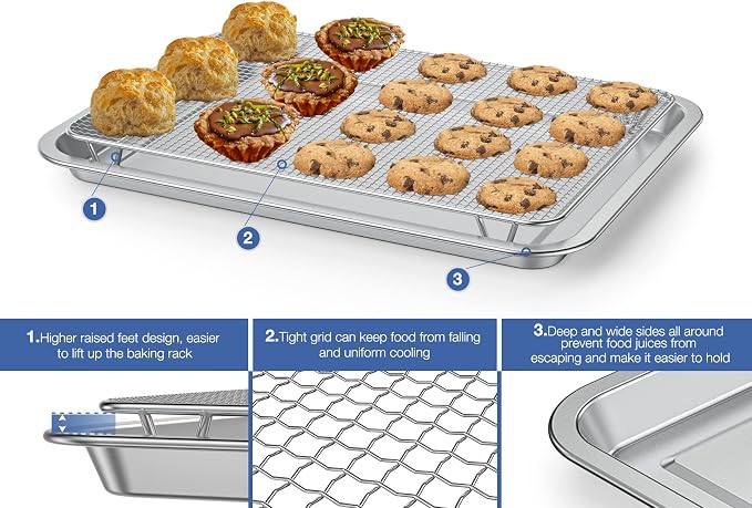 Baking Sheet with Wire Rack Set, 15.35''x 11.5'' Stainless Steel Cookie Sheet and Cooling Rack, Non-stick Cooking Pan with Grease Mesh Strainer Kitchen Bakeware for Smoker and Grills,Oven Safe