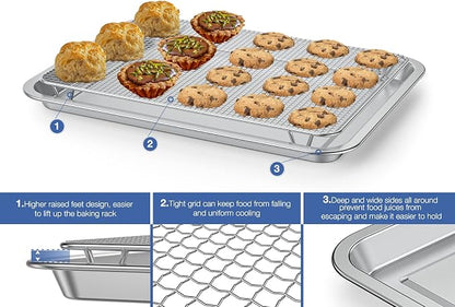 Baking Sheet with Wire Rack Set, 15.35''x 11.5'' Stainless Steel Cookie Sheet and Cooling Rack, Non-stick Cooking Pan with Grease Mesh Strainer Kitchen Bakeware for Smoker and Grills,Oven Safe