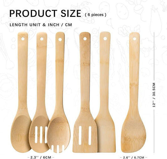 Wooden Spoons for Cooking, 6PCS Wooden Utensil Set Includes Slotted Spoon, Wooden Spoon & Wooden Spatula, Bamboo Cooking Utensils for Non-Stick Pans, Natural Bamboo Utensils