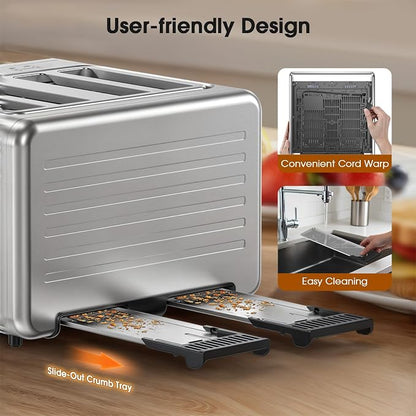 Smart Toaster 4 Slice with Dual Touchscreen, 1800W Stainless Steel Toasters Dual Zone Independent Control Extra Wide Slot 1.5 Inch, Single Slot Tech Timer for Bagel Waffle Bread