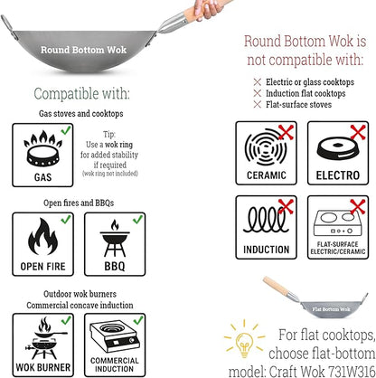 Craft Wok Traditional Hand Hammered Chinese Carbon Steel Wok with Wooden and Steel Helper Handle (14 Inch, Round Bottom Pow Wok Pan) / 731W88