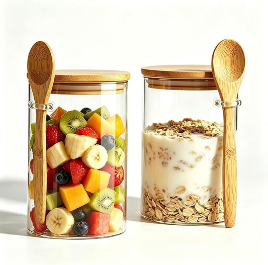 Airtight Glass Jars With Bamboo Lids And Spoons, 15oz Glass Canisters With Lid For Spice Beans Tea, Sealed Sugar Container, Glass Coffee Containers, Food Jars Canisters, Kitchen Accessories (2pcs)
