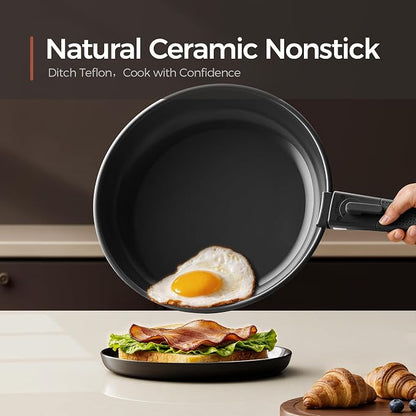 16PCS Pots and Pans Set Non Stick, Diamond-Titanium Ceramic Cookware Set & 3 Layer Stainless Steel with Detachable Handle, Induction Cookware, Non Toxic Oven/Dishwasher Safe, Black
