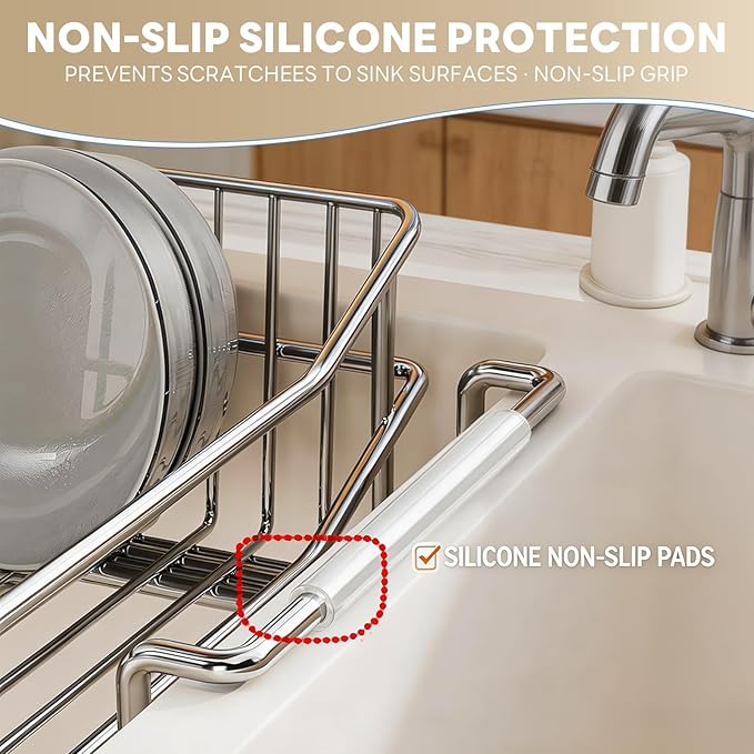 Dish Drying Rack in Sink, Extendable 304 Stainless Steel Dish Drainer for Kitchen Counter, Over The Sink with Utensil Holder, Corrosion Resistant Space Saving Drainage Basket