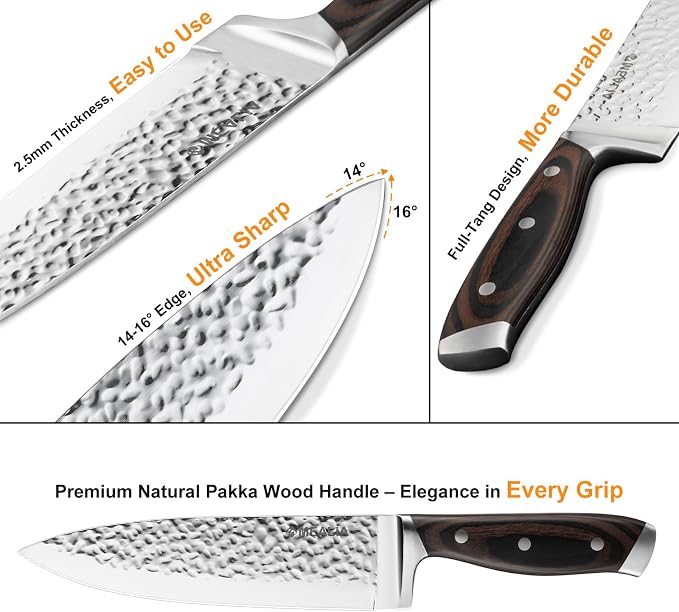Kitchen Knife Set with Block, 15-Piece Professional Stainless Steel Sharp Knives Set for Kitchen with Built-in Sharpener, Ergonomic Wooden Handle, Full Tang Forged Triple Rivet, Boxed Knife Set