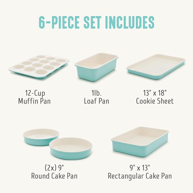 GreenLife 6 Piece Nonstick Bakeware Set, Non-Toxic PFAS-Free Ceramic Oven Pans, Dishwasher & Oven Safe to 450°F, Easy Release Baking Sheet, Loaf Pan, Rectangle & Round Cake, Muffin Pan, Turquoise