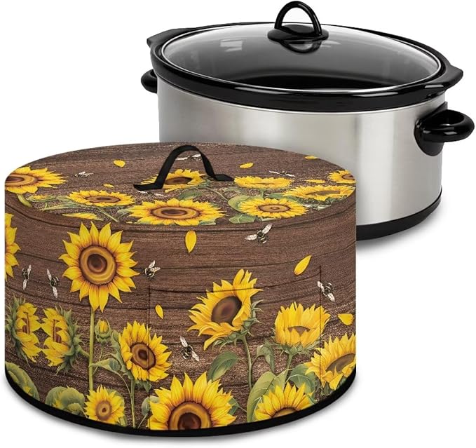 Sunflowers Bees Slow Cooker Cover for Pot Dust Cover Fits for Most 6-8 Quart Oval Slow Cooker Dustproof Small Appliance Accessories Wood - textured Background