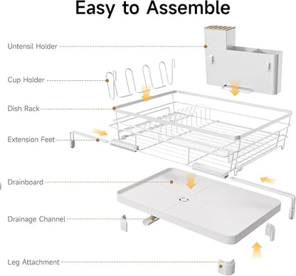 Runnatal Dish Drying Rack, Extendable Dish Rack Over Sink, Large Stainless Steel Dish Strainer with Drainboard, Utensil Holder & Cup Holder for Kitchen Counter, White