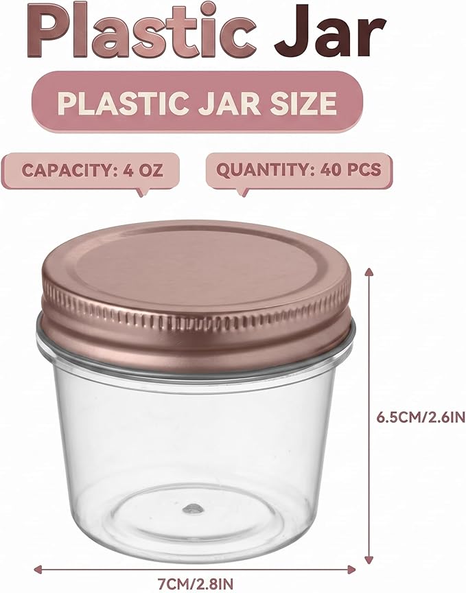 novelinks 4 oz Small Plastic Jars with Lids, 40 Pack Mini Plastic Mason Jars with Lids 4oz, Craft Storage Containers & Canning Jars & Small Spice Jars for Kitchen Organization (40 Pack,Rose Gold)