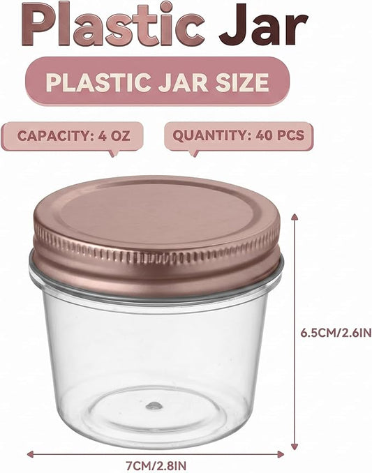 novelinks 4 oz Small Plastic Jars with Lids, 40 Pack Mini Plastic Mason Jars with Lids 4oz, Craft Storage Containers & Canning Jars & Small Spice Jars for Kitchen Organization (40 Pack,Rose Gold)