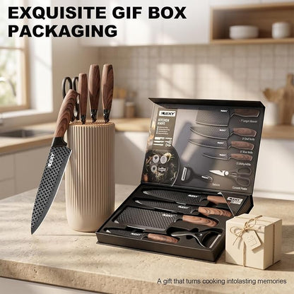 Knife Set, 8 Pieces Kitchen knife Set with Healthy Anti-Rust Coating, Stainless Steel Professional Chef Knife Set with Block, Sharp Kitchen Knives Set with Block for Home Cooking, Dishwasher Safe
