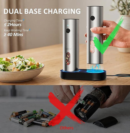 Zadelar Rechargeable Electric Salt and Pepper Grinder Set with USB-C Charging Base, Stainless Steel Automatic Salt and Pepper Shakers, Adjustable Coarseness, LED Light, Large Capacity, Kitchen Gift