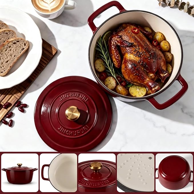 Cast Iron Dutch Oven - JINCHUFURI Enameled Cast Iron Dutchs Oven with Lid 5 Quart enamel dutch ovens Pot Heavy-Duty Cookware for Sourdough Bread Baking,Stews, Roasting,Braising(Rose Red)