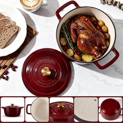 Cast Iron Dutch Oven - JINCHUFURI Enameled Cast Iron Dutchs Oven with Lid 5 Quart enamel dutch ovens Pot Heavy-Duty Cookware for Sourdough Bread Baking,Stews, Roasting,Braising(Rose Red)