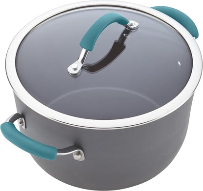 Rachael Ray Cucina Dishwasher-Safe Hard-Anodized Pots and Pans Set Non Stick Cookware, 12 Piece, Gray with Agave Blue Handles