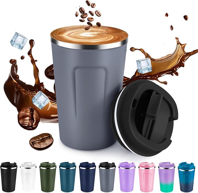 Volhoply 12 oz Double Wall Insulated Vacuum Travel Coffee Mug with Flip Lid,Reusable Stainless Steel Leak Proof Coffee Cup,Portable Iced Cafe Thermal Tumbler Suitable for Hot & Cold Drinks(Gray,1 Set)