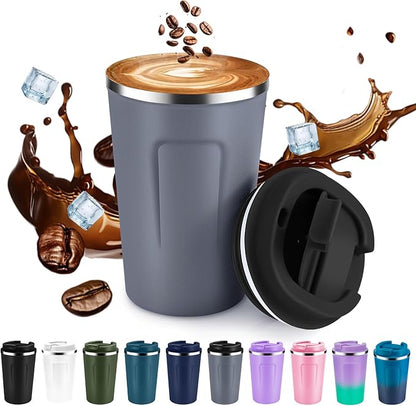 Volhoply 12 oz Double Wall Insulated Vacuum Travel Coffee Mug with Flip Lid,Reusable Stainless Steel Leak Proof Coffee Cup,Portable Iced Cafe Thermal Tumbler Suitable for Hot & Cold Drinks(Gray,1 Set)