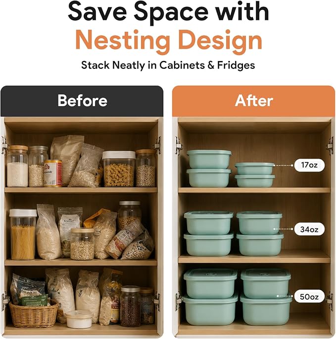 3 Pack Food Storage Containers with Easy-Open Vent Lids, Leak Resistant BPA-Free Meal Prep Containers, Microwave Freezer Dishwasher Safe, Stackable Food Containers, Tea Green，17oz 34oz 51oz