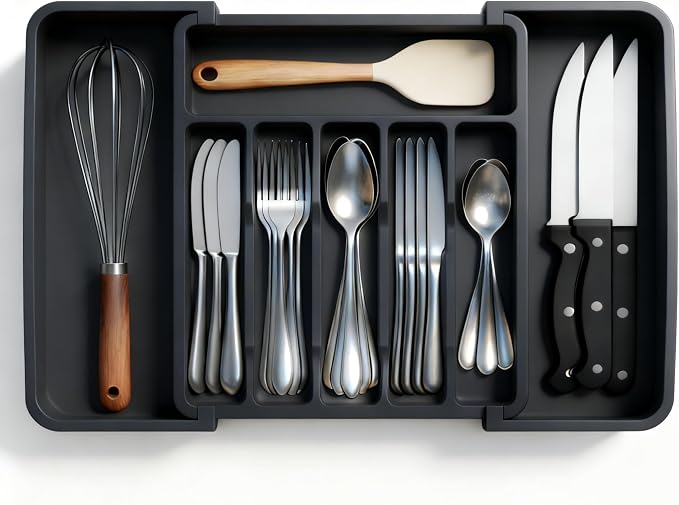 Expandable Large Silverware Tray For Drawer Organizer, Kitchen Cooking Utensil Drawer Organizer For Spoons Forks Knives, Adjustable Cutlery Flatware Holder 13"-22.4" X 14.7" X 2" (Black)