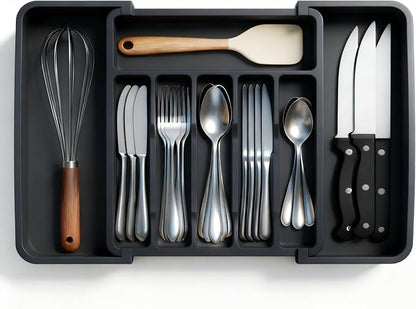 Expandable Large Silverware Tray For Drawer Organizer, Kitchen Cooking Utensil Drawer Organizer For Spoons Forks Knives, Adjustable Cutlery Flatware Holder 13"-22.4" X 14.7" X 2" (Black)