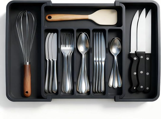 Expandable Large Silverware Tray For Drawer Organizer, Kitchen Cooking Utensil Drawer Organizer For Spoons Forks Knives, Adjustable Cutlery Flatware Holder 13"-22.4" X 14.7" X 2" (Black)