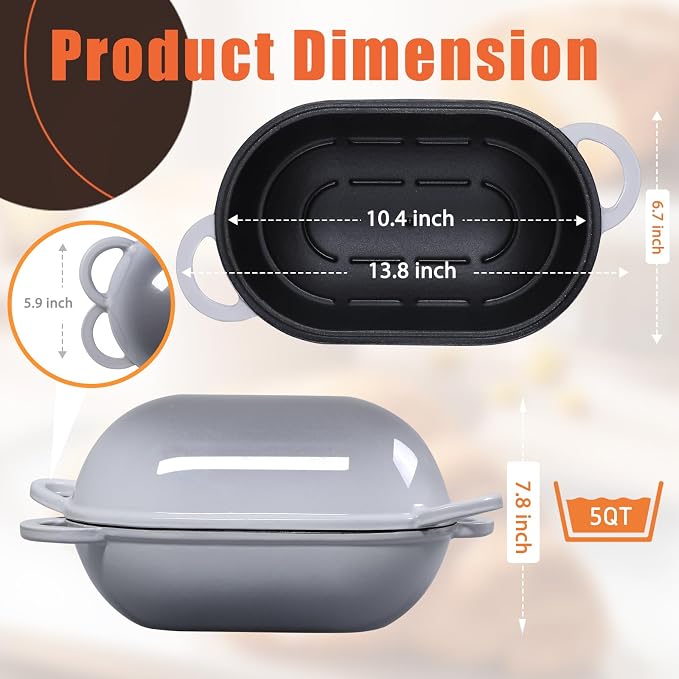 Enameled Cast Iron Sourdough Bread Oven, 2.5 QT Loaf Cast Iron Bread Pan with Lid, Oval Dutch Oven for Homemade Bread Baking, Meatloaf Pan with Lid (Light Gray)