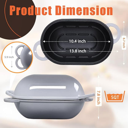 Enameled Cast Iron Sourdough Bread Oven, 2.5 QT Loaf Cast Iron Bread Pan with Lid, Oval Dutch Oven for Homemade Bread Baking, Meatloaf Pan with Lid (Light Gray)