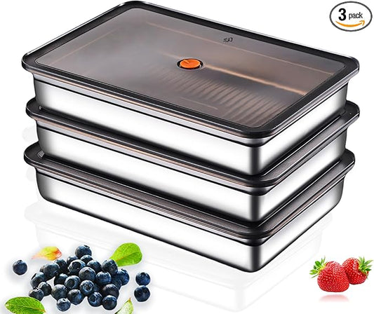 Stainless Steel Food Storage Containers, Silver, Airtight with Vacuum Seal, Stackable Rectangular, 3-Piece Set, BPA-Free Lids, for Meal Prep and Leftovers Storage(Shallow- 1.9'' Height)