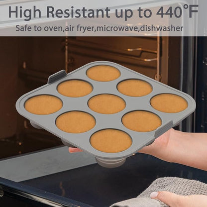 9-Cavity Silicone Mold Pan for Tiered Mini Cakes, Set of 2, Non-Stick Collapsible Cupcake Baking Tray for Muffin, Grey