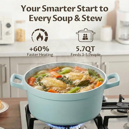 BEZIA 5.7 Quart Nonstick Ceramic Stock Pot with Lid, Lightweight Die-Cast Aluminum Dutch Oven Style Cooking Pot for Soup, Family Stew & Braising, Oven Safe Casserole, Induction Ready, for 3-5 People