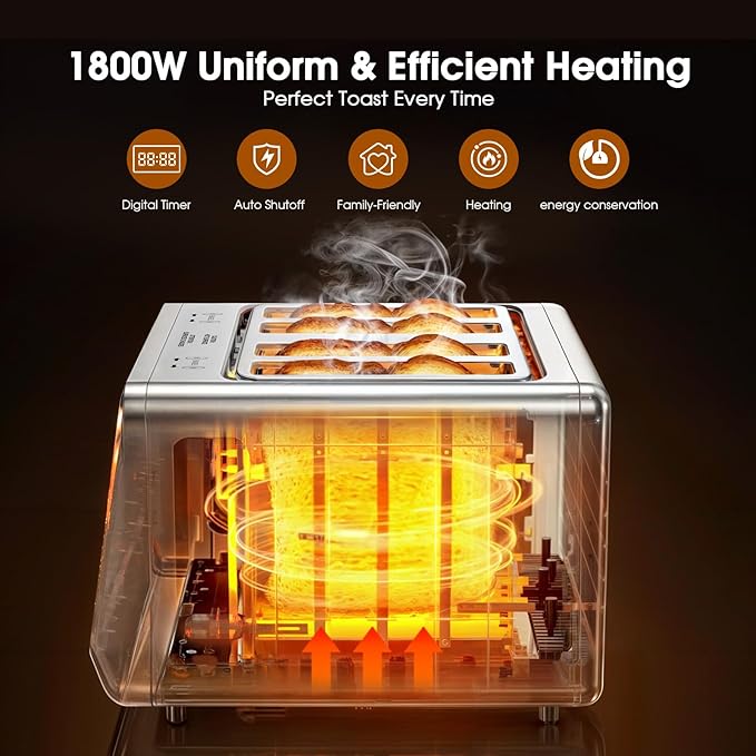 4 Slice Toaster Wide Slot with Dual Digital Touchscreen, 1800W Smart Toaster Stainless Steel Independent Control Panel, Single Slot Mode Timer for Bagels Bread, 6 Toast Shades