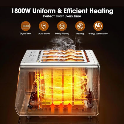 4 Slice Toaster Wide Slot with Dual Digital Touchscreen, 1800W Smart Toaster Stainless Steel Independent Control Panel, Single Slot Mode Timer for Bagels Bread, 6 Toast Shades