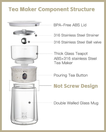 ZENS Cool Glass Teapot with Infuser, Smart One Touch Tea Maker for Loose Tea Diffusers with Insulated Mug and Portable Tea Kits, Enchanted Teapot Alternatives for Tea Lover Gifts