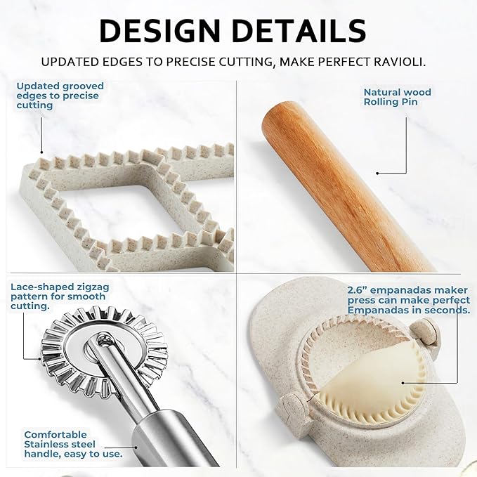 Ravioli Maker Press, Ravioli Press Mold Set - 1.85" Squares Ravioli Stamp Maker Cutter with Wood Rolling Pin, 2.6" Empanada Maker Press Kit and Ravioli Wheel, Makes 8 Ravioli