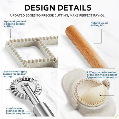 Ravioli Maker Press, Ravioli Press Mold Set - 1.85" Squares Ravioli Stamp Maker Cutter with Wood Rolling Pin, 2.6" Empanada Maker Press Kit and Ravioli Wheel, Makes 8 Ravioli