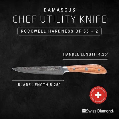 Swiss Diamond, Utility Knife, German Steel With Carbonized Ash Wood, Full Tang Handle, Damascus Blade Chef Knives Professional Grade, 55+2 Rockwell Hardness, 5 Inch