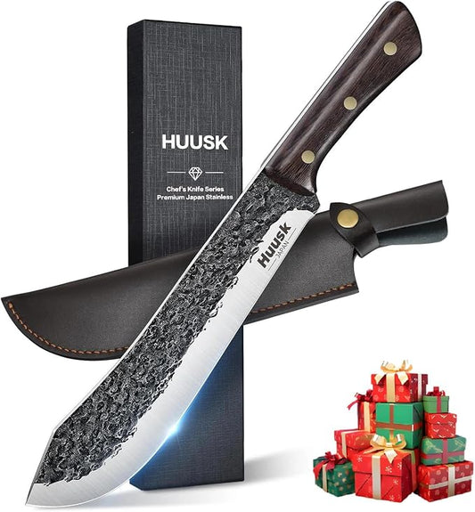 Huusk Butcher Knife for Meat Cutting, Hand Forged Meat Knives, High Carbon Cleaver with Wood Handle, Slicing Knife with Box, Ideal Gift for Man and Women