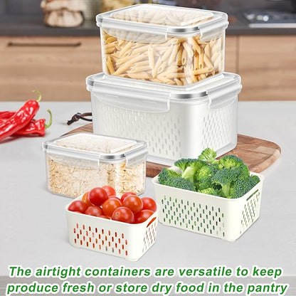 TBMAXS 5 Pack Fruit Storage Containers for Fridge Food Container with Colander Airtight BPA Free Plastic Berry Keeper Produce Vegetable Saver Bins Keep Fresh