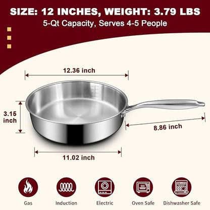 EWFEN 12 Inch Tri-Ply Stainless Steel Frying Pan, Compatible with All Cooktops Up to 600℉, Large Frying Pan Induction-Ready Skillet, Dishwasher and Oven Safe, Even Heat