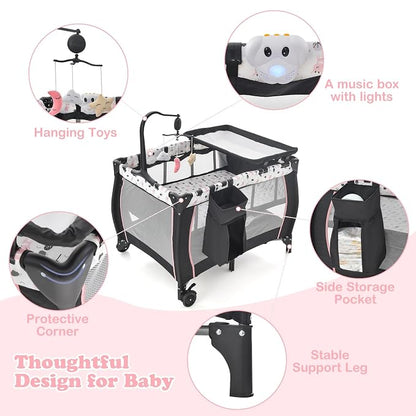 INFANS 3 in 1 Pack and Play, Portable Travel Baby Bassinet with Detachable Mattress, Changing Table, Foldable Playpen with Carry Bag, 2 Wheels (Cartoon)